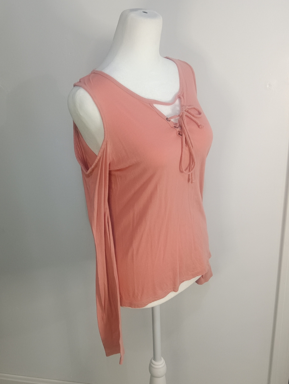 Ambiance Lace-Up Cold-Shoulder Long Sleeve Top in Coral